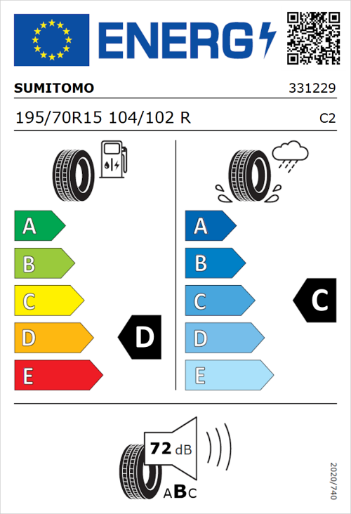 Tyre Label for Sumitomo SL727 195/70R15 104/102R