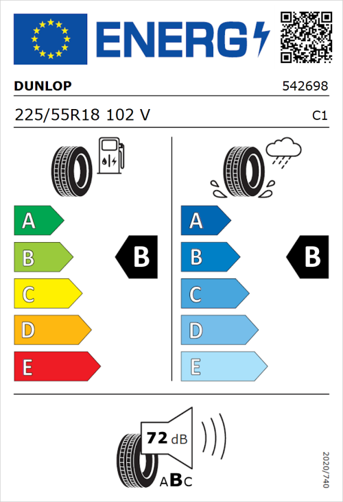 Tyre Label for Dunlop SP Sport Maxx RT 2 225/55R18 102V