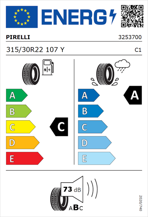 Tyre Label for Pirelli P Zero 315/30R22 107Y