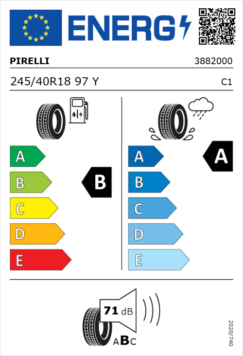 Tyre Label for Pirelli Powergy 245/40R18 97Y