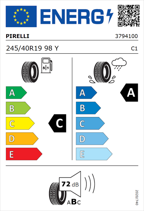 Tyre Label for Pirelli P Zero 245/40R19 98Y