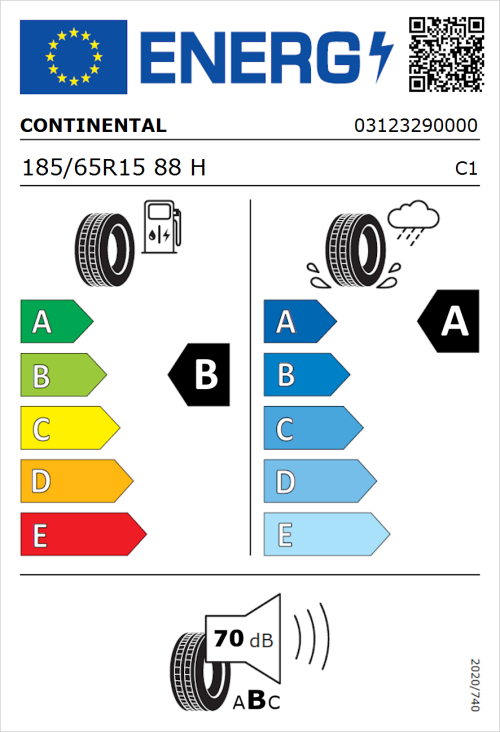 Tyre Label for Continental UltraContact 185/65R15 88H