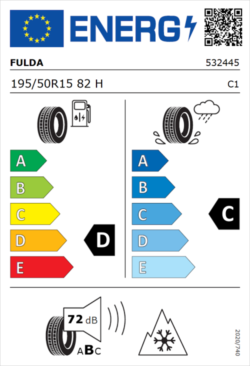 Tyre Label for Fulda Kristall Control HP2 195/50R15 82H