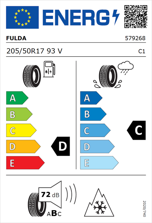 Tyre Label for Fulda Kristall Control HP2 205/50R17 93V
