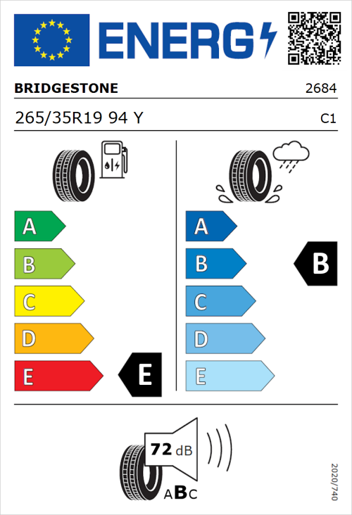 Tyre Label for Bridgestone Potenza RE050A 265/35R19 94Y