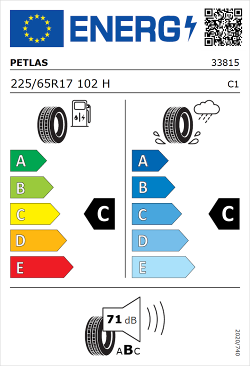 Tyre Label for Petlas Explero PT431 H/T 225/65R17 102H