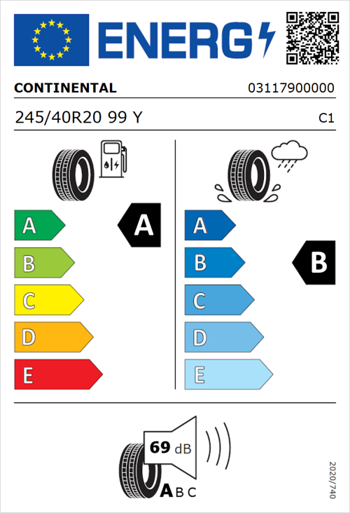 Tyre Label for Continental EcoContact 6Q 245/40R20 99Y