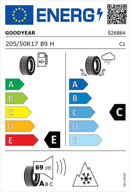Tyre Label for Goodyear Ultragrip Performance 2 205/50R17 89H