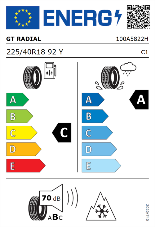 Tyre Label for GT Radial Climate Active 225/40R18 92Y