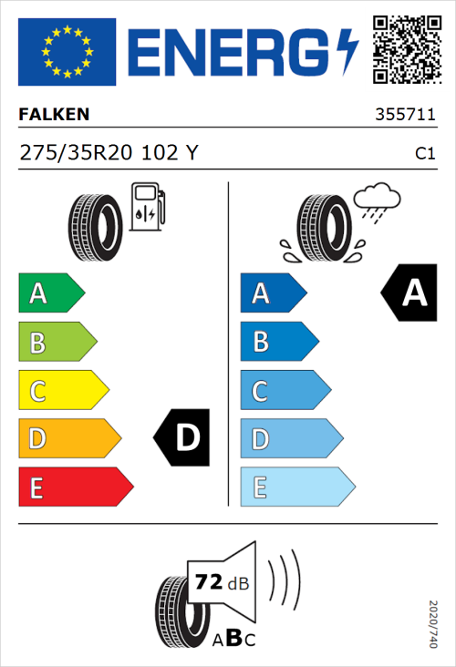Tyre Label for Falken Azenis RS820 275/35R20 102Y