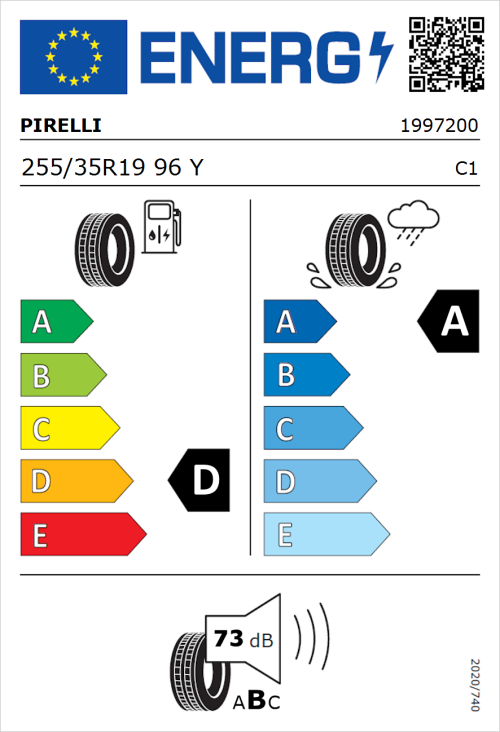 Tyre Label for Pirelli P Zero 255/35R19 96Y