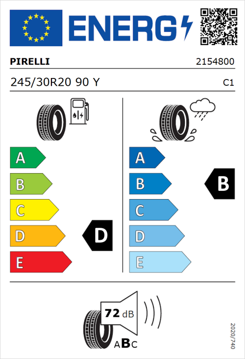 Tyre Label for Pirelli P Zero 245/30R20 90Y