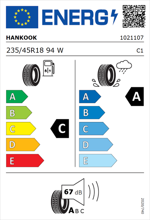 Tyre Label for Hankook Ventus Prime 2 K115 235/45R18 94W